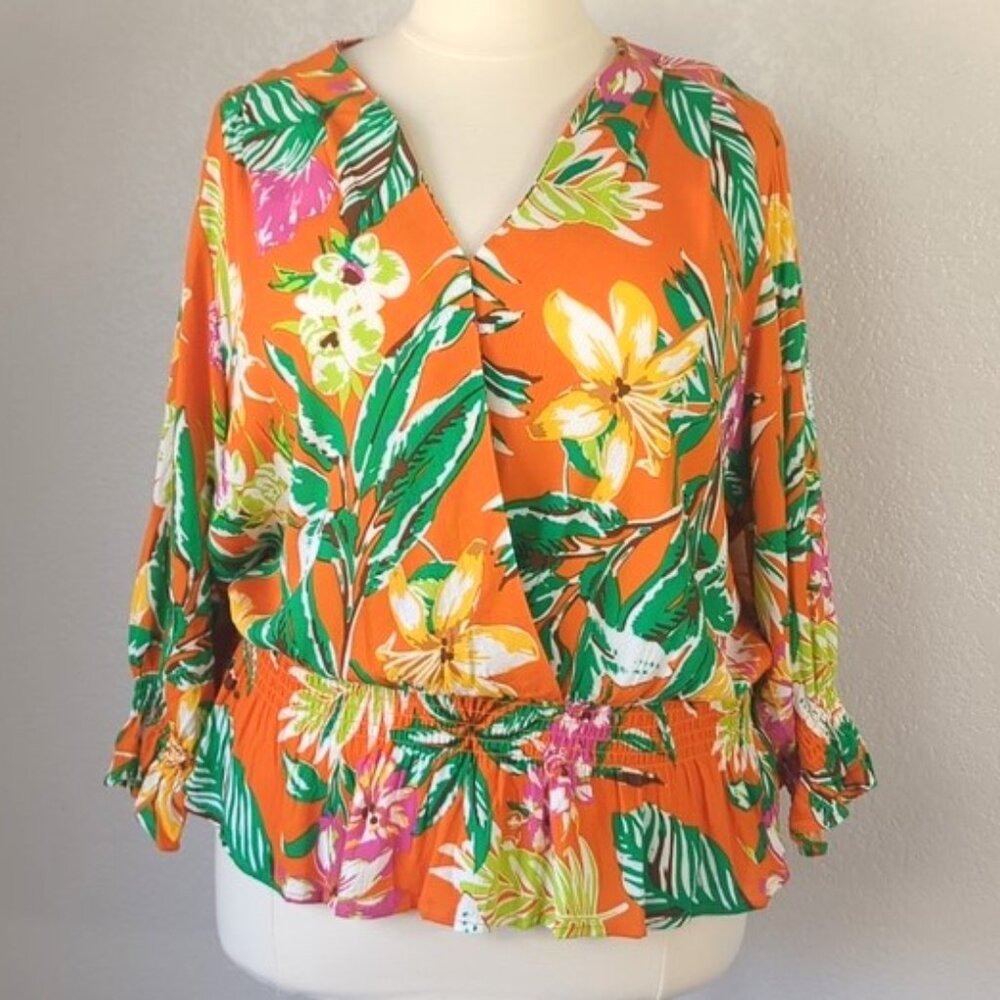 Unique Spectrum 2X Blouse Orange Tropical Print Peplum 3/4 Sleeve V-neck
